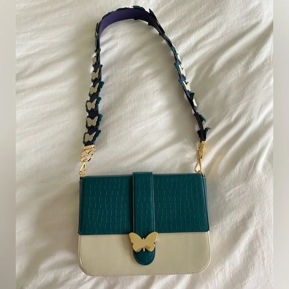 Elizabeth Sutton Leather Bag Multicolor Cream & Forest with 3D Butterfly Strap - Picture 4 of 15